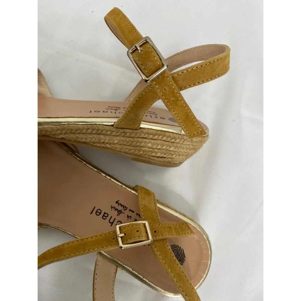 Eric Michael Espadrille Wedge Sandals Women 40 Mustard Gold Suede Handmade Spain